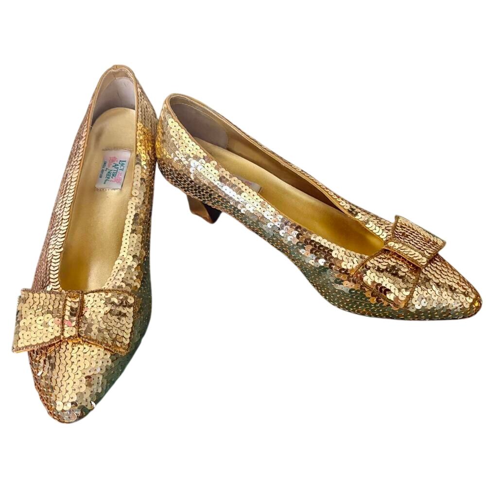 Vintage Lacy Afternoon Gold Sequined Kitten Heel Bow Pumps Glam Retro Coquette
